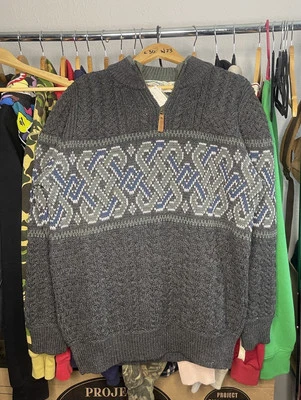 Aran Crafts Celtic Jacquard 1/2 zip sweater L gray merino wool chunky cable - Image 1 of 4