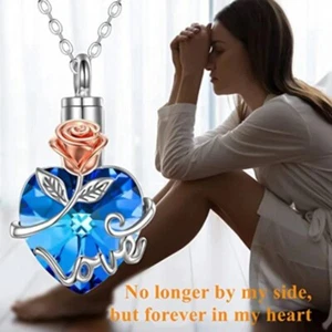Heart Cremation Jewelry with Crystal Rose Flower blue  Urn Necklace for Women - Picture 1 of 4