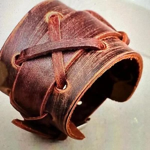 Men's Brown Leather Cowhide Wide Cuff Bracelet with Buckle Closure - Punk Style - Picture 1 of 6