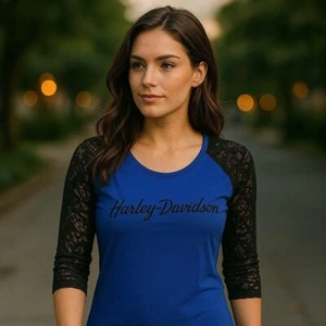 Harley Davidson Fort Thunder Moore OK Lace Sleeve Raglan Top Blue Motorcycle M - Picture 1 of 10
