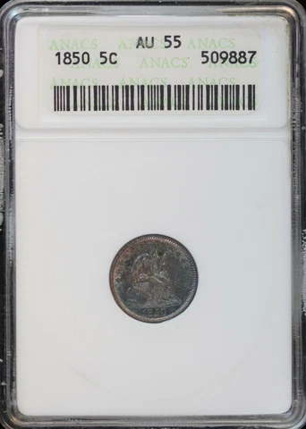 1850 H10C Seated Liberty Half Dime ANACS AU 55 | Color Toning Soap Box 5c Cover