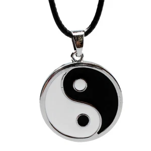 Stainless Steel Matte Finished Yin Yang Pendant Necklace PU Leather Chain - Picture 1 of 5