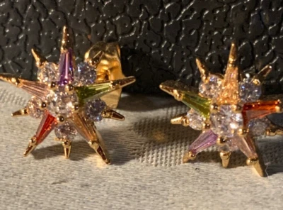 Multi Gemstone Star-Burst Lab Created 18K Gold Filled Earrings E-166 - Image 1 of 3