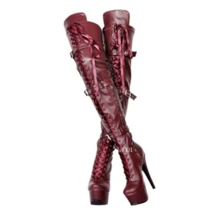 Damen Overknee Stiefel Schnürung Gürtelschnallen Stilettos High Heels Plateau Club - Bild 1 von 28