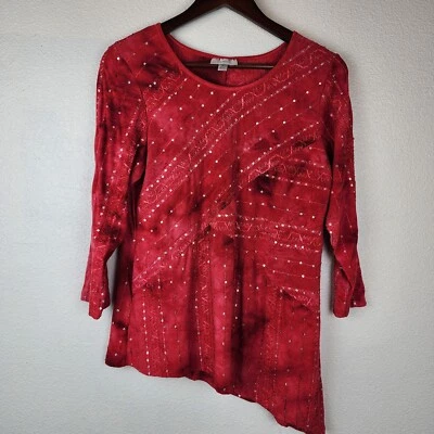 Женский M красный блестками блестящий вышивка ассиметричный верх туника фея гранж  - Изображение 1 из 4