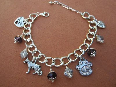 German Shepherd Dog Charm Bracelet with Purple & Silver Crystals Great Gift Idea - Image 1 of 4