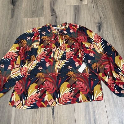 NEW Sunny Leigh Ayleen Blouse Size Large Colorful Floral Ruffle Tie Neck - Image 1 of 4