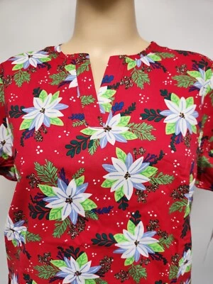 Womens Scrub Top Butter-Soft by UA Cotton Blend Christmas  Poinsettias 2 Pocket - Image 1 of 4