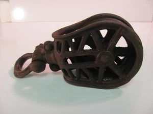 Vintage 9" Block Tackle Pulley Cast Iron Steel Wheel Barn farm industrial decor - Picture 1 of 9