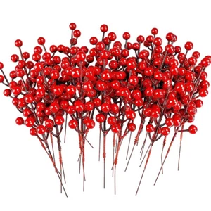 Christmas Red Berry Branch Holly Artificial Xmas Flower Pick Wreath Decor 20/40X - Picture 1 of 37
