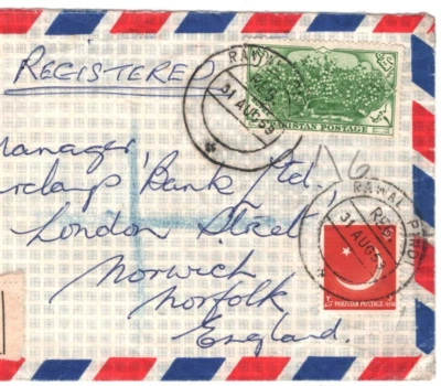 PAKISTAN Air Cover *RAWALPINDI* Registered WAH CANTONMENT 1959 Norwich MA2003 - Image 1 of 4