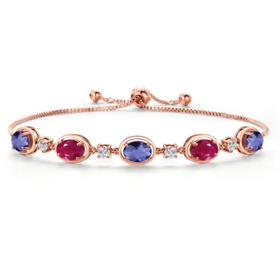 18K Rose Gold Plated Silver Blue Iolite and Ruby and Moissanite Tennis Bracelet - Image 1 of 4