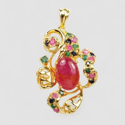 Graceful Ruby Pendant 4.5 x 2.5 925 Sterling Silver 24K Gold Plated Fine Jewelry - Image 1 of 4