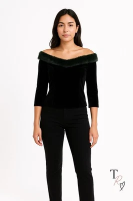 复古 Patra 露肩人造毛皮装饰弹力天鹅绒上衣 10 码 — 第 1/4 张图片