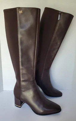 Calvin Klein FREEDA Espresso Brown Leather & Neoprene Knee High Heeled Boots 6 - Image 1 of 4