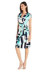 Maggy London The Collins Tie Wrap Short-Sleeve Geometric Dress Career Women's 0 - Picture 1 of 9