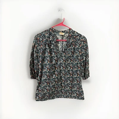 Ezekiel Floral Navy 100% Cotton V-Neck Blouse with 3/4 Sleeves Size Medium - Image 1 of 4