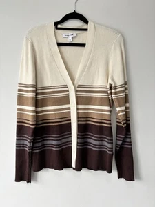 Preview Womens Knit Cardigan Size XL V Neck Long Sleeve Brown Cream Stripe Rib - Picture 1 of 12