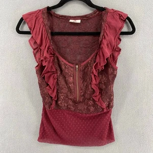 Top Free People de encaje transparente con volantes media cremallera sin mangas para mujer 2 granates retro Y2K - Imagen 1 de 9