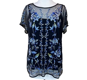 WHBM Black Mesh Floral Embroidered Short Sleeve Top & Camisole Adj Straps 1X - Picture 1 of 12