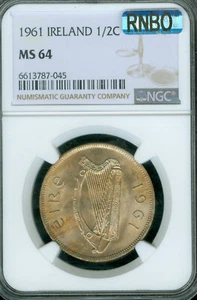 1961 IRELAND HALF CROWN NGC MS64 PQ  MAC RNBO RAINBOW SPOTLESS  * - Picture 1 of 2