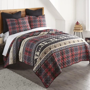Queen Bedding Set - 3 Piece - Canoe Trip Lodge Quilt Set with Queen Quilt and Tw - Picture 1 of 8