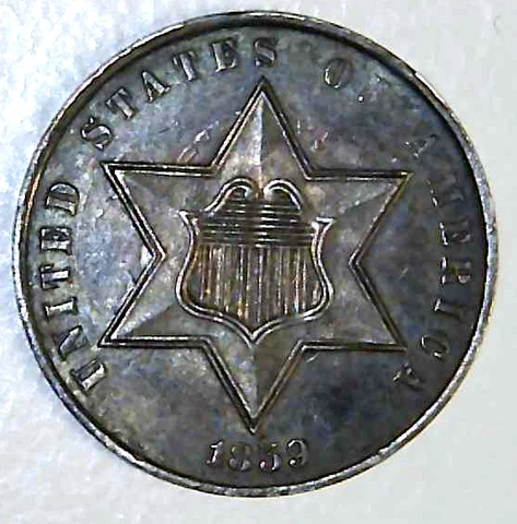 1859 US Three Cent Silver Trime - Blueberry Toned Coin + Die Clash      (PA74) Cover