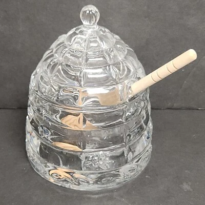 Tarro de miel de colmena de vidrio + tapa y decoración en barra de miel de Silversmith 4,5 x 5,5" usado en excelente estado Foto 1 de 4