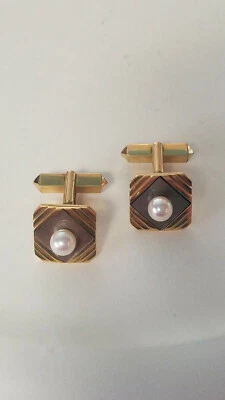 Mikimoto 14K YG Abalone Shell and Akoya Pearl Cufflinks in Original Box Signed - Image 1 of 4