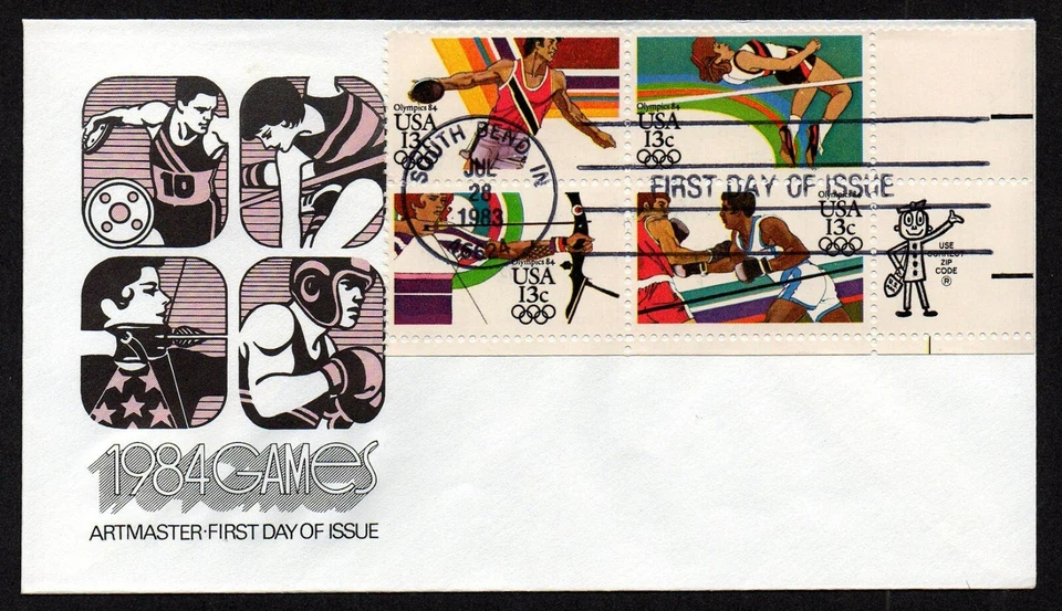 USA, SCOTT # 2048-2051, ARTMASTER FDC COVER 1983-1984 SUMMER OLYMPICS ZIP BLOCK - Image 1 of 1