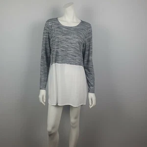 Sussan Size M Tunic Top Blouse Long Sleeves Scoop Neck Grey White Spliced Hem - Bild 1 von 12