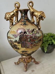 Antique Large Satsuma Chinese Porcelain Vase,Geisha With Gold Lion Handles - Picture 1 of 18