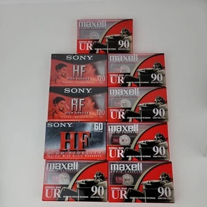 Lot of 9 Sealed Blank Cassette Tapes Sony HF 60 120 Maxell UR 90 - Picture 1 of 2