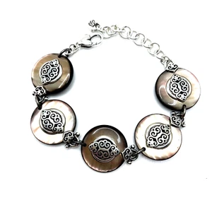 Brighton Romano Scroll Silver Brown Opalescent Iridescent Link Bracelet Vintage - Picture 1 of 9