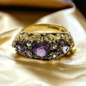 ANTIQUE GOLD- Amethyst Ring- Sz 5.75 -Rose Cut Diamond Victorian Gold Ring -3.8g - Picture 1 of 24