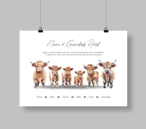 Estampado familiar de vaca Highland, impresión de retrato personalizado con cualquier nombre - Imagen 1 de 7