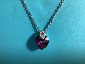 Valentines Purple Crystal Heart & Rhinestones Pendant Necklace Silver Tone Chain - Picture 1 of 6