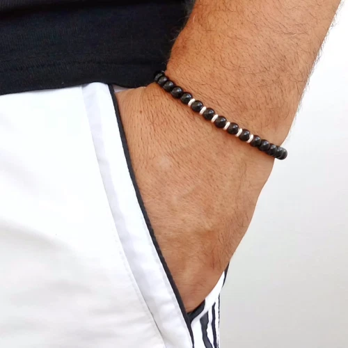Bracciale con Perle 6mm Nero e Acciaio braccialetto argento Elastico Uomo Donna - Immagine 1 di 2