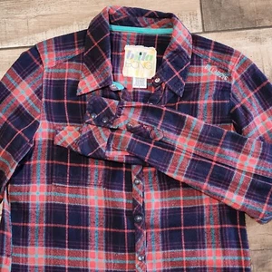 Billabong Women's Large Flannel Red Teal Long Sleeve Snap-up Shirt 100% Cotton - Picture 1 of 13