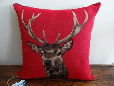 HINES of OXFORD ENGLAND STAG On RED Buck Deer LODGE Cotton TAPESTRY TOSS PILLOW - Image 1 of 4