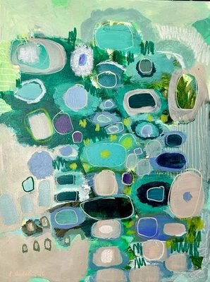 Emilia Bachelier Contemporary Abstract Teal 9x12” Original Art on Paper - Image 1 of 4