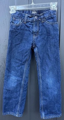 Pantalones de mezclilla Oshkosh azules rojos forrados de vellón con botones 5 bolsillos talla 7 ajustables  Foto 1 de 4