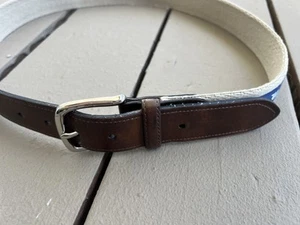 Nautica Brown Beige Whale Canvas Golf Belt Silver Buckle Mens 38” Waist - Picture 1 of 10