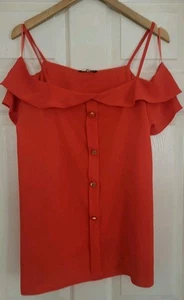 Quiz Red/Scarlet, Cold Shoulder, Blouse, Top, Ruffle, Button Detail Size 16 BNWT - Picture 1 of 4