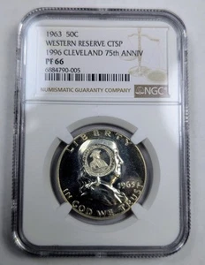 1963 Franklin Half Dollar Western Reserve 75th Counterstamp 1996 NGC PF66 Rare - Picture 1 of 2