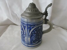Vintage pewter lidded stein Germany blue gray salt porcelain 1/2 L