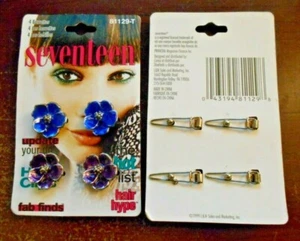 Vintage schöne siebzehn Metall Emaille lila blaue Blume 4 Haarspangen selten - Bild 1 von 3