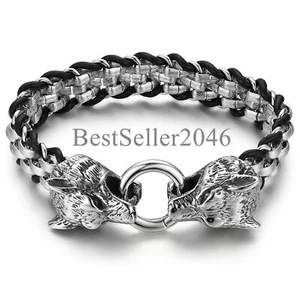 Mens Stainless Steel Black Leather Tribal Viking Wolf Large Heavy Biker Bracelet - Picture 1 of 8