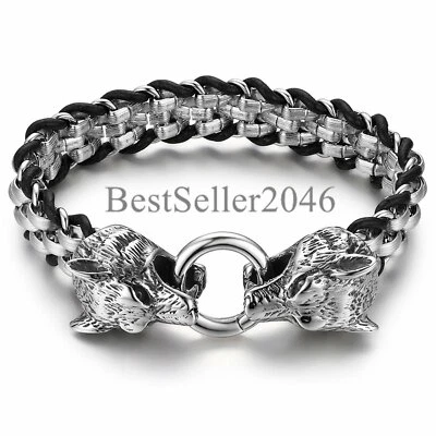 Pulsera de motociclista grande pesada tribal vikinga de cuero negro de acero inoxidable para hombre Foto 1 de 4