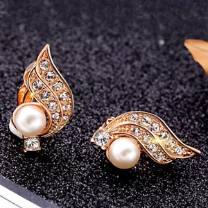 18K Rose Gold GF Made With Swarovski Pearl Feather Non-pierced Clip On Earrings - Picture 1 of 10